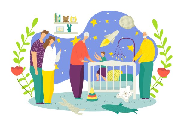 一家人在家里的矢量插画，房间里的父母和孩子图片下载