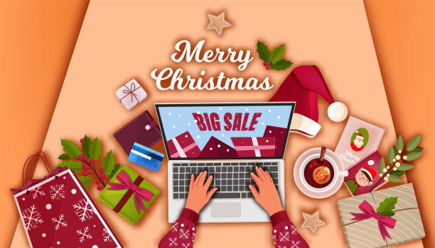 圣诞假期优惠横幅与俯视图笔记本电脑，手，礼物盒，圣诞老人帽，包。图片下载