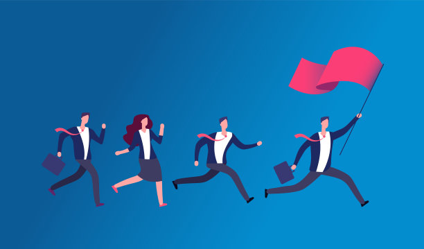 人们举着旗子跑步。业务领导领导办公室团队。领导向量的概念图片下载