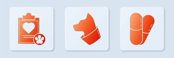 设置猫，剪贴板与医疗临床记录宠物和狗和药丸。白色正方形按钮。向量图片下载