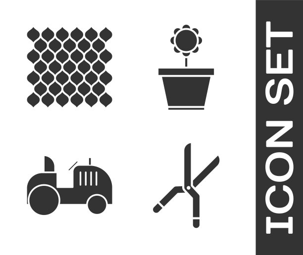 设置园艺手工剪刀，花园栅栏木制，拖拉机和花盆中的花图标。向量图片下载