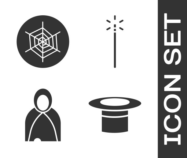 设置魔术师的帽子，蜘蛛网，斗篷，斗篷，斗篷和魔术棒图标。向量图片下载