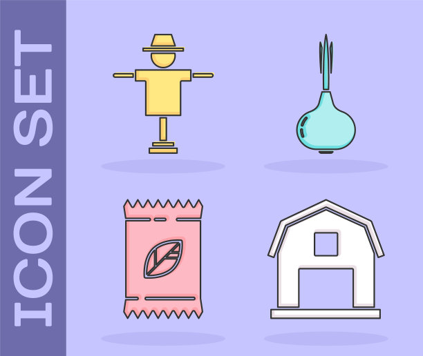 设定农场的概念，稻草人，一个装满种子的特定植物和洋葱图标。向量图片下载