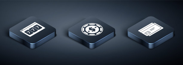 设置等距在线老虎机与幸运7头奖，信用卡和赌场芯片与美元图标。向量图片下载