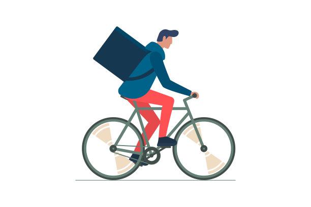 年轻男性快递员背着背包，骑着自行车，背着货物和食品包装。快速循环生态送单服务。孤立eps矢量图图片下载