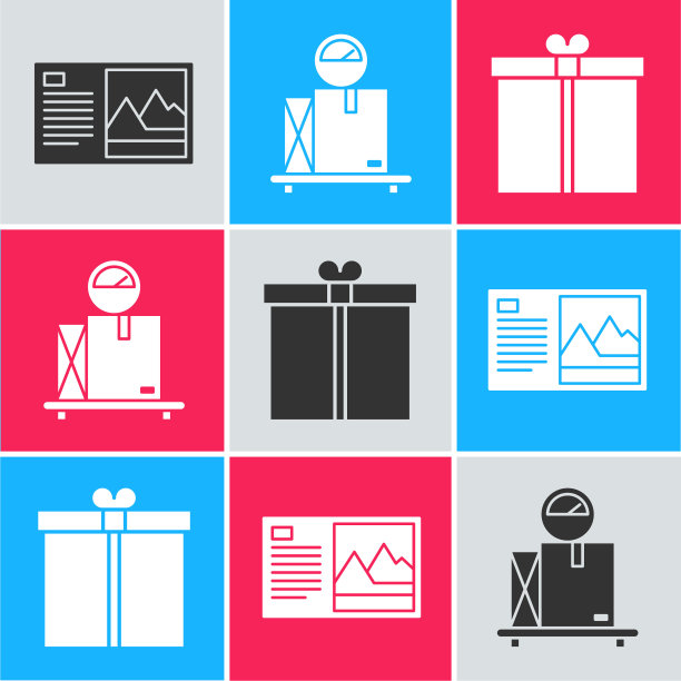 设置明信片，规模与纸盒和礼品盒图标。向量图片下载