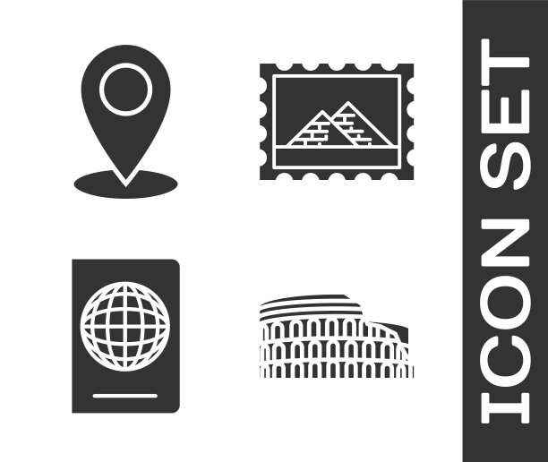 设置竞技场在罗马，意大利，地图别针，护照与生物识别数据和邮政邮票和埃及金字塔图标。向量图片下载