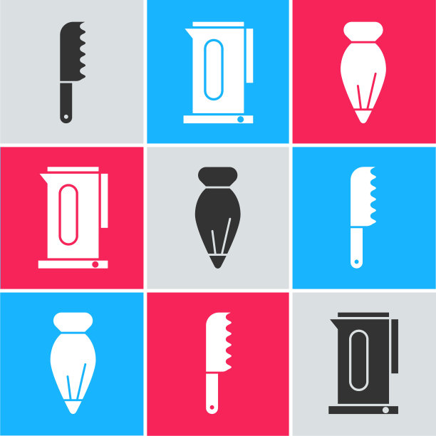 面包刀，带柄水壶和糕点包装饰蛋糕图标。向量图片下载