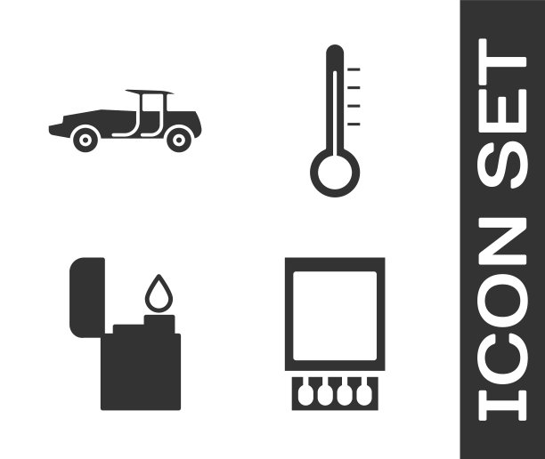 设置打开火柴盒和火柴，汽车，打火机和气象温度计图标。向量图片下载