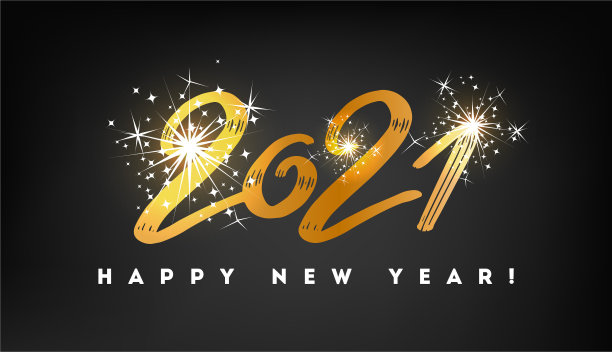 2021年新年快乐。向量假日插图。金色数字上的黑色背景纹理与闪烁的灯光。图片下载