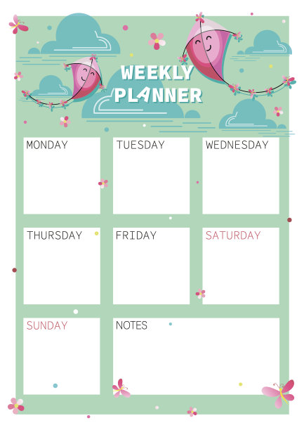 每周计划。粉红色的风筝。笔记。页面。矢量插图。红色的风筝在天空。模板设计图片下载