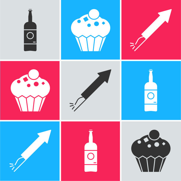 设置啤酒瓶，松饼和烟火火箭的图标。向量图片下载
