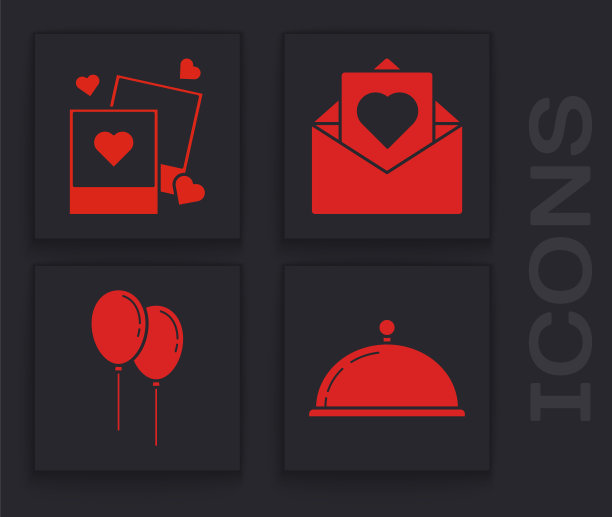 套上一盘食物，两个空白相框和心形，信封与情人心和气球与丝带图标。向量图片下载