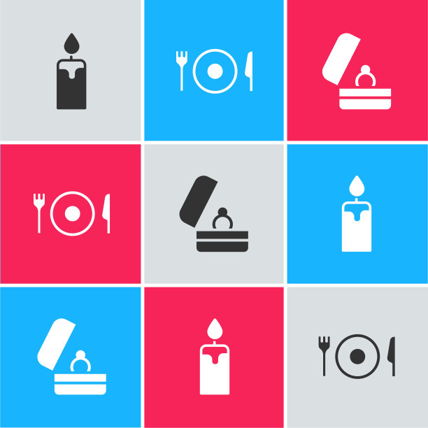 Set Burning candle, Plate, fork knife and Wedding rings图标。向量图片下载