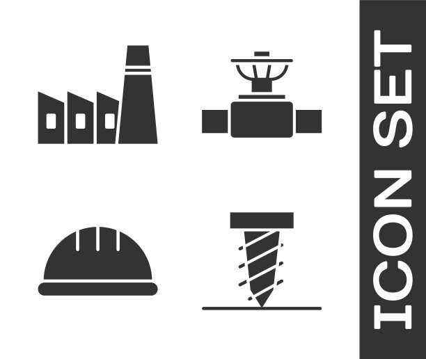 设置旋转钻机挖孔，石油工业厂房，工人安全帽及工业管道和阀门图标。向量图片下载