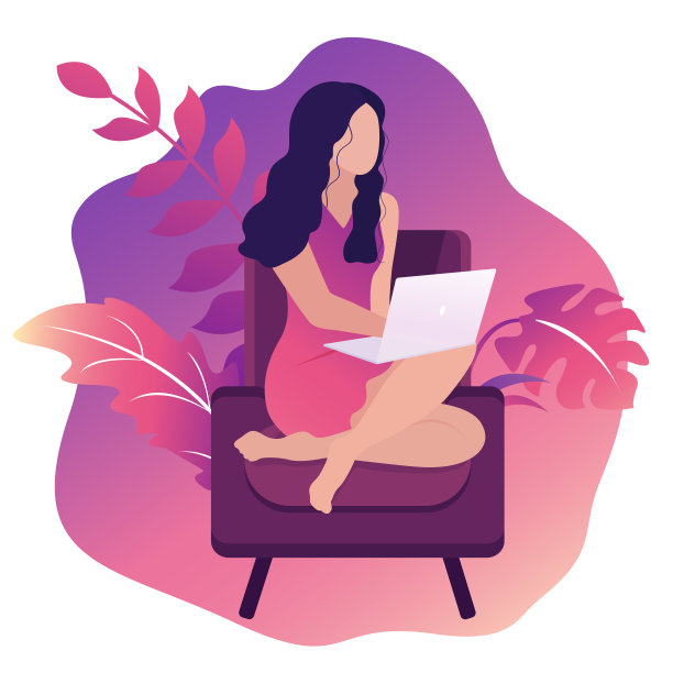 一个年轻女子坐在椅子上，用笔记本电脑工作的矢量插图。角色在平面卡通风格。自由职业者图片下载