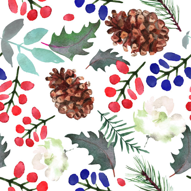水彩无缝图案与冷杉树枝，红浆果，一品红，圣诞元素。冬季背景设计，新年和圣诞印花，壁纸，纺织品。向量。图片下载