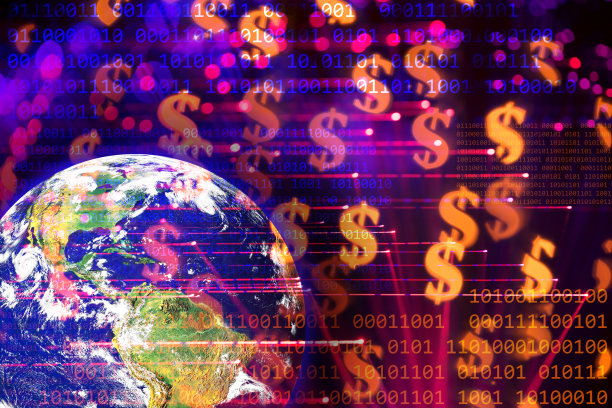 全球金融技术-地球地球上的二进制代码背景与美元符号图片下载