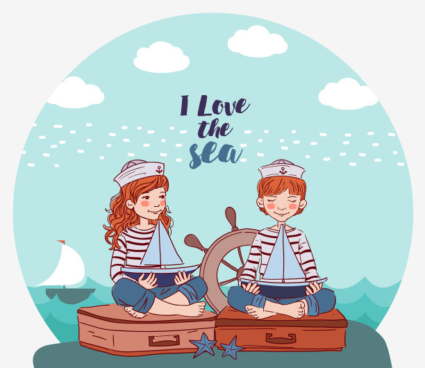 可爱的女孩和男孩坐在一个手提箱和玩玩具帆船。旅行向量的概念图片下载