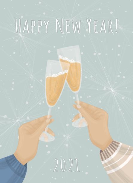 在烟火的背景下，手拿着装满香槟的玻璃杯。2021年新年快乐!贺卡、海报图片下载