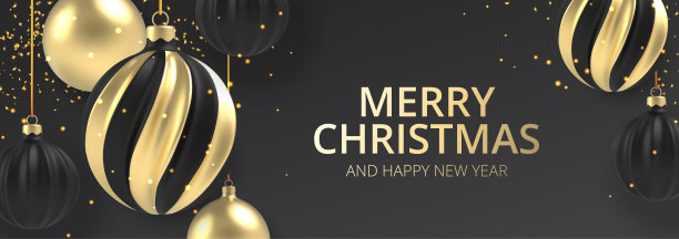 圣诞背景金色和黑色的圣诞球在现实主义风格的黑色背景。矢量插图。图片下载