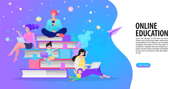 在线教育的概念。卡通玩耍的孩子。欢迎回到学校。可爱的学校的孩子。平面设计模式与子。图片下载