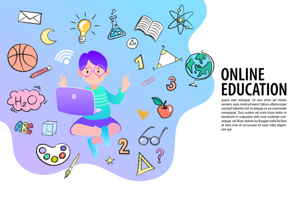 在线教育的概念。卡通玩耍的孩子。欢迎回到学校。可爱的学校的孩子。平面设计模式与子。图片下载