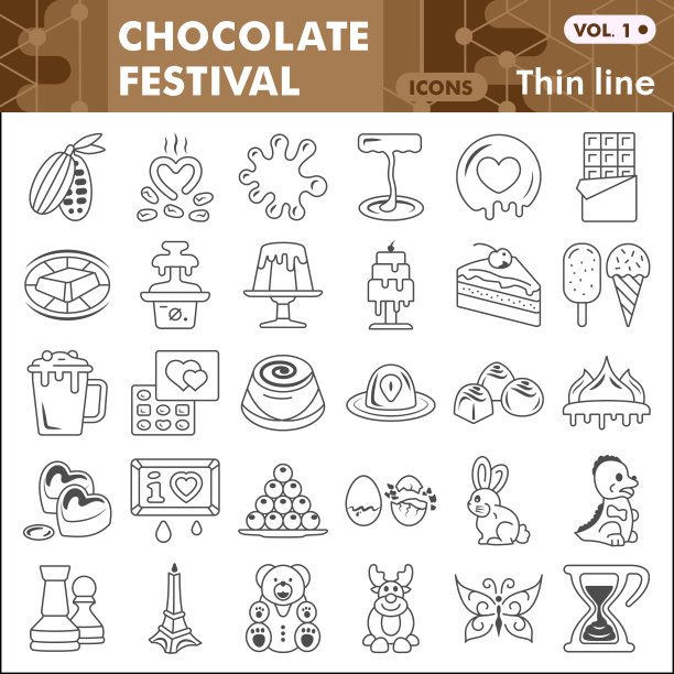 巧克力节日细线图标集，糖果符号收集或草图。可可和巧克力线性风格标志的web和应用程序。矢量图形孤立在白色背景。图片下载