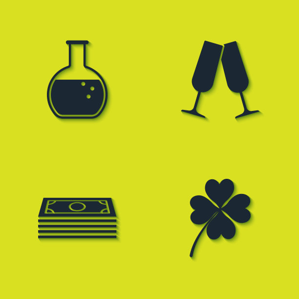 设置试管和烧瓶，四叶草，成堆的纸钱现金和香槟杯图标。向量图片下载