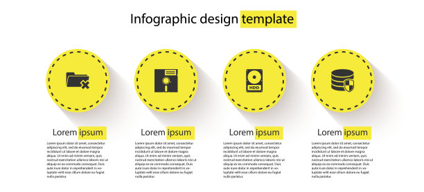 设置“删除文件夹”、“5.25英寸软盘”、“硬盘驱动器HDD”和“数据库保护”。业务信息模板。向量图片下载
