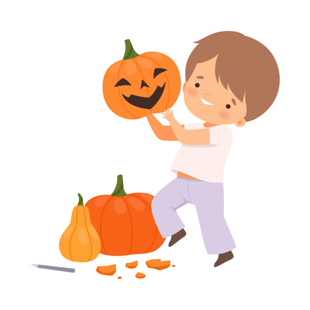 快乐的男孩展示手工制作的南瓜与剪纸微笑矢量插图图片下载