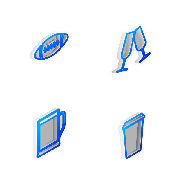 设置等距线杯香槟，橄榄球，啤酒和咖啡杯图标。向量图片下载