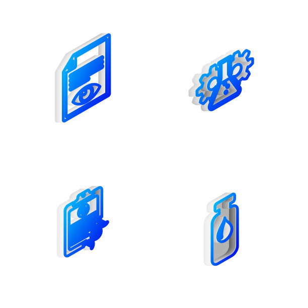 设置生物工程等距线，带眼睛的纸页，剪贴板DNA分析和医疗小瓶，安瓿图标。向量图片下载