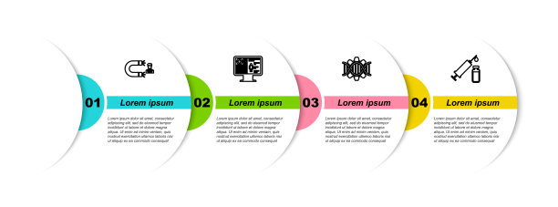 集客户吸引、临床记录于监控、基因工程、医疗注射器和药瓶。业务信息模板。向量图片下载