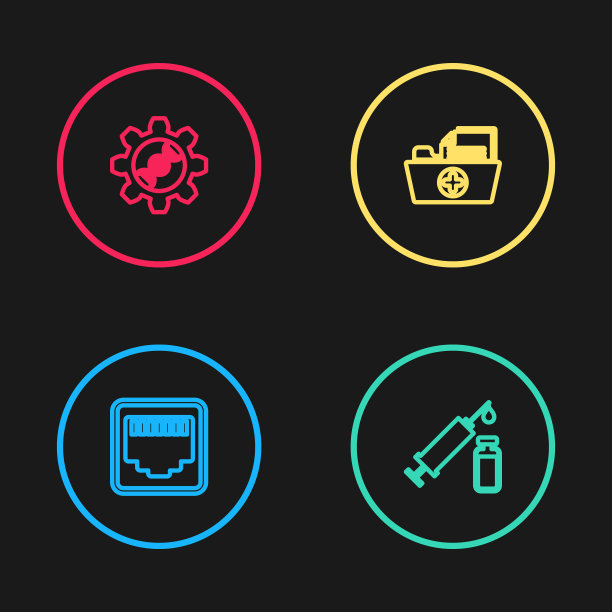 设置线网口电缆插座，医用注射器和药瓶，健康记录文件夹和基因工程图标。向量图片下载