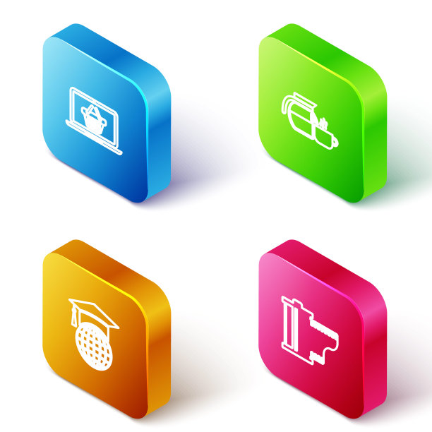 设置等距线购物篮笔记本电脑，咖啡壶与杯子，毕业帽地球仪和相机胶卷墨盒图标。向量图片下载