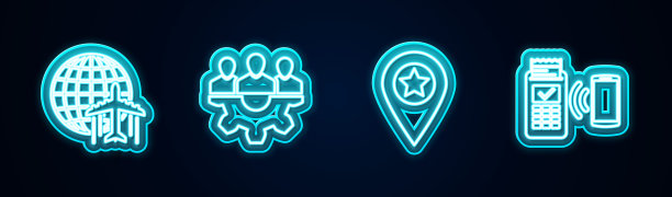 设置有飞行飞机、项目组基地、定位星和POS终端的线路地球仪。发光的霓虹灯图标。向量图片下载