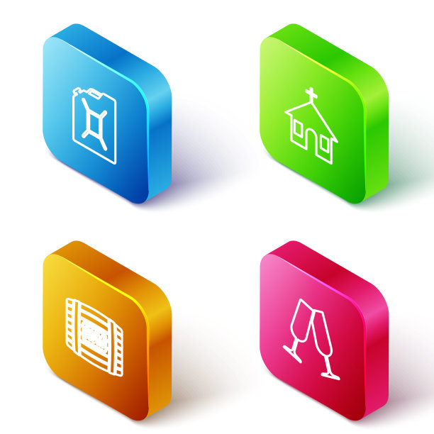 设置等距线罐的汽油，教堂建筑，木桶与朗姆酒和酒杯的香槟图标。向量图片下载