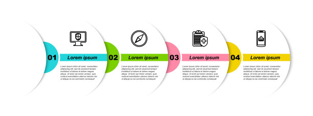 设置线监视器和盾牌，风玫瑰，带医疗保险的剪贴板和智能手机上传。业务信息模板。向量图片下载