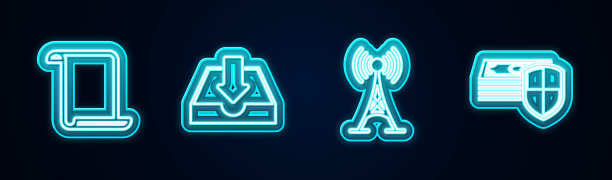 设置行纸滚动，下载收件箱，天线和金钱保护。发光的霓虹灯图标。向量图片下载