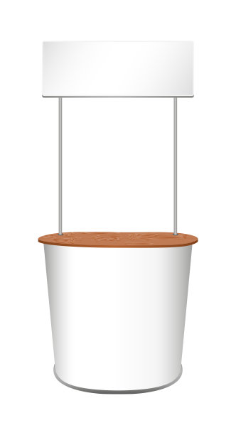 矢量空白白色展览活动展示表与木制元素。促销零售摊位或促销柜台展示与顶面板。模型或模板孤立在白色背景上图片下载