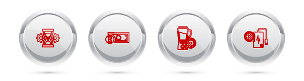 设置线沙漏设置，快速支付，搅拌机与碗和充电宝。银色圆圈按钮。向量图片下载