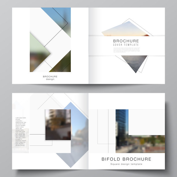 矢量布局的两个封面模板与几何简单的形状，线条和照片的方形设计双折叠小册子，传单，杂志，封面设计，书，小册子封面。图片下载