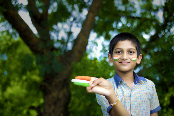 脸上挂着印度国旗的印度小孩图片下载