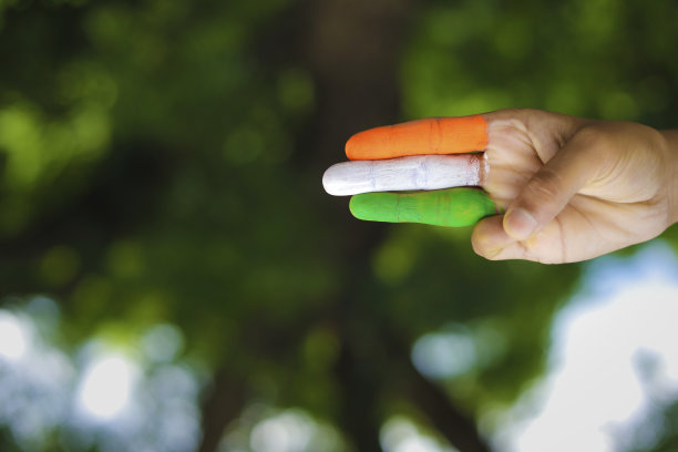 印度孩子的手上和手腕上戴着印度国旗图片下载