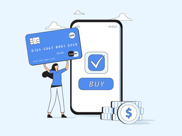 在线支付的概念。在超市里，手持巨大的信用卡架，旁边是屏幕上有购买按钮的智能手机。图片下载