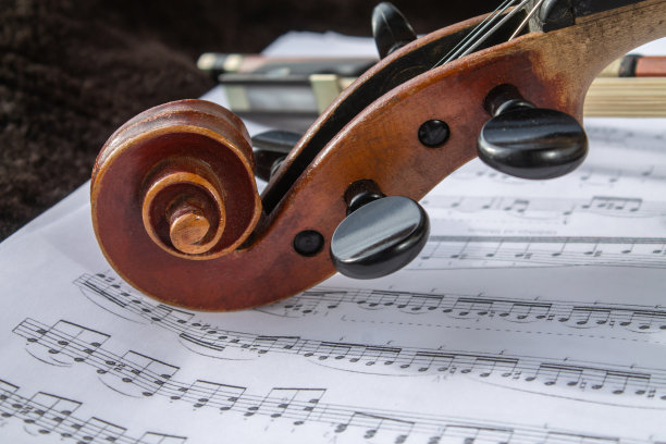 小提琴的细节，用于固定弦和调整小提琴，以小提琴的音符为背景图片下载