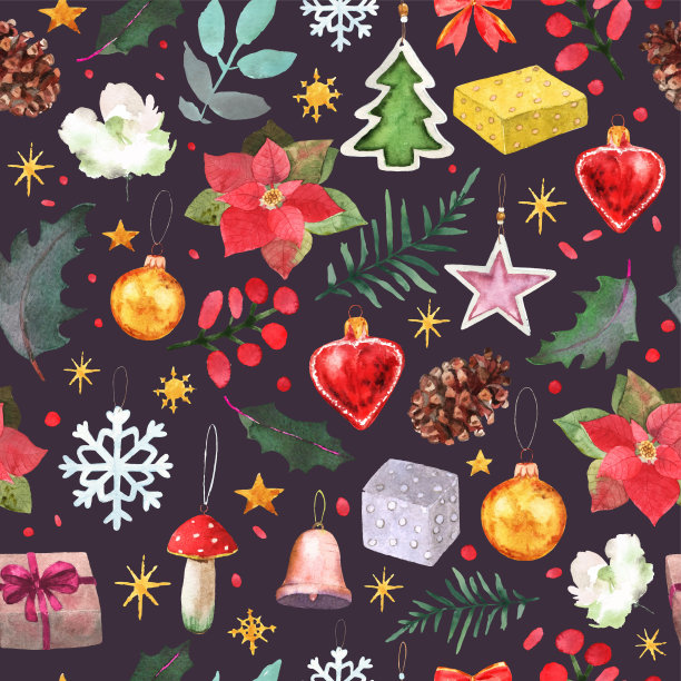 水彩无缝图案用杉木枝、红莓、圣诞装饰。冬天的背景设计快乐新年和圣诞节印刷，壁纸，纺织品。向量。图片下载