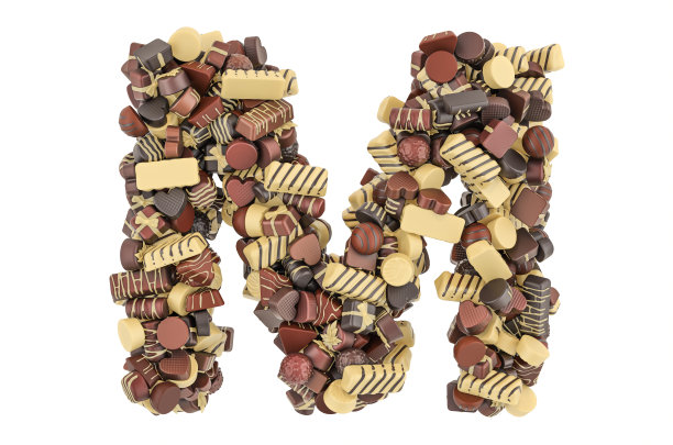 字母M来自巧克力糖果。三维渲染隔离在白色背景上图片下载