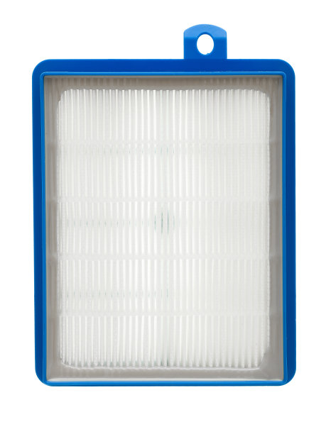 家用电器吸尘器塑料外壳的纸空气过滤器，新更换的备件隔离在白色背景前视图。图片下载